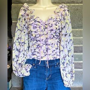 NWOT Free People chiffon blouse,pastel yellow/lavender,ruching,ruffles,smocking